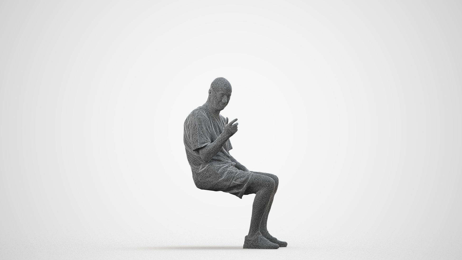 3D scanned senior man sitting casual, photorealistic archviz people for Enscape and SketchUp, wireframe side view