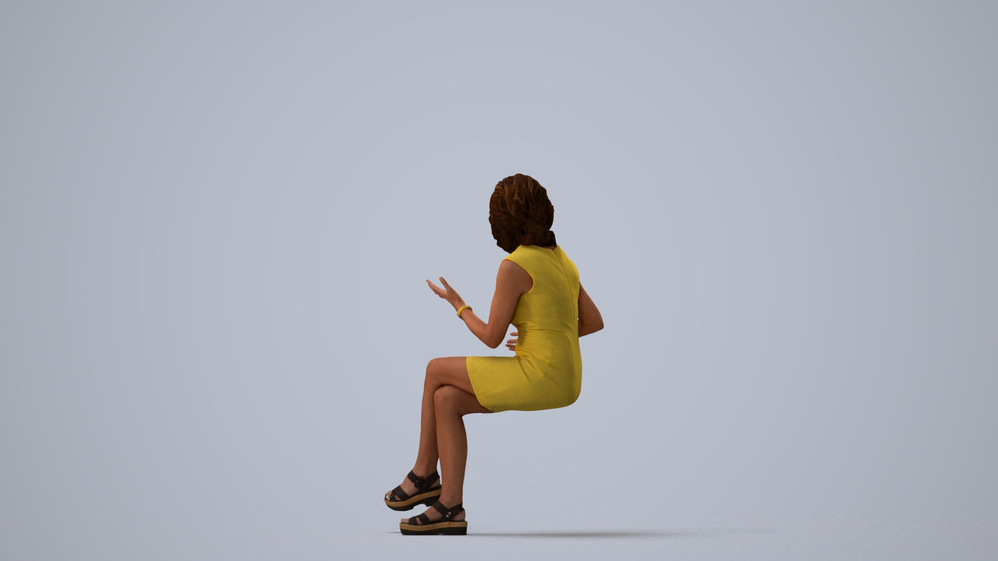 3D scanned woman sitting business, photorealistic archviz people for Enscape and SketchUp, three-quarter view render