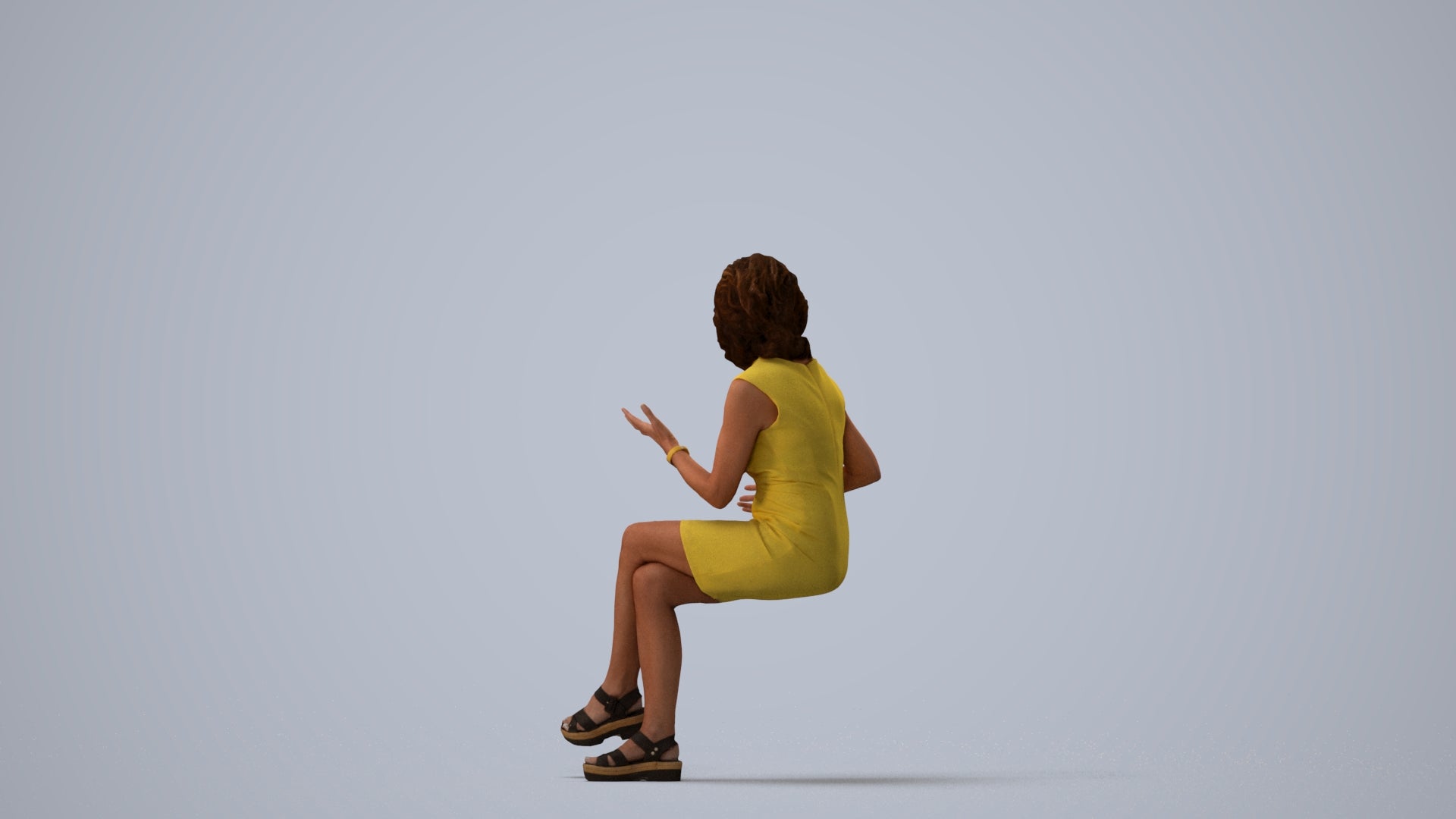 3D scanned woman sitting business, photorealistic archviz people for Enscape and SketchUp, three-quarter view render
