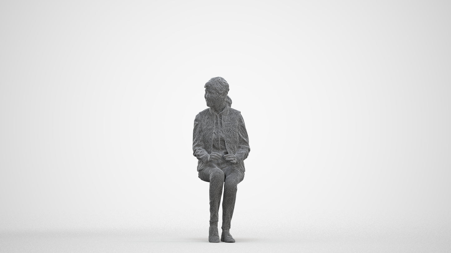 scanned 3D senior woman casual sitting, photogrammetry people for Enscape and V-Ray, three-quarter front view render