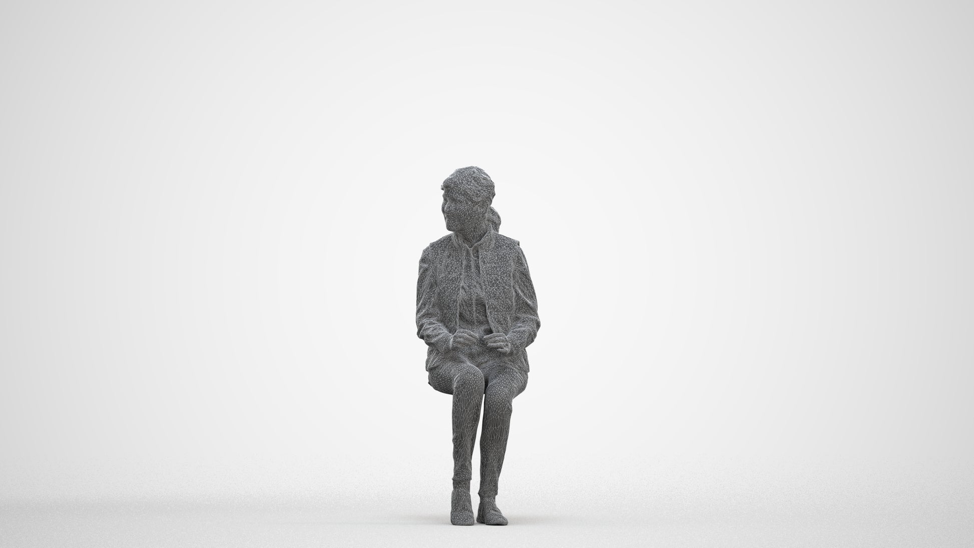 scanned 3D senior woman casual sitting, photogrammetry people for Enscape and V-Ray, three-quarter front view render
