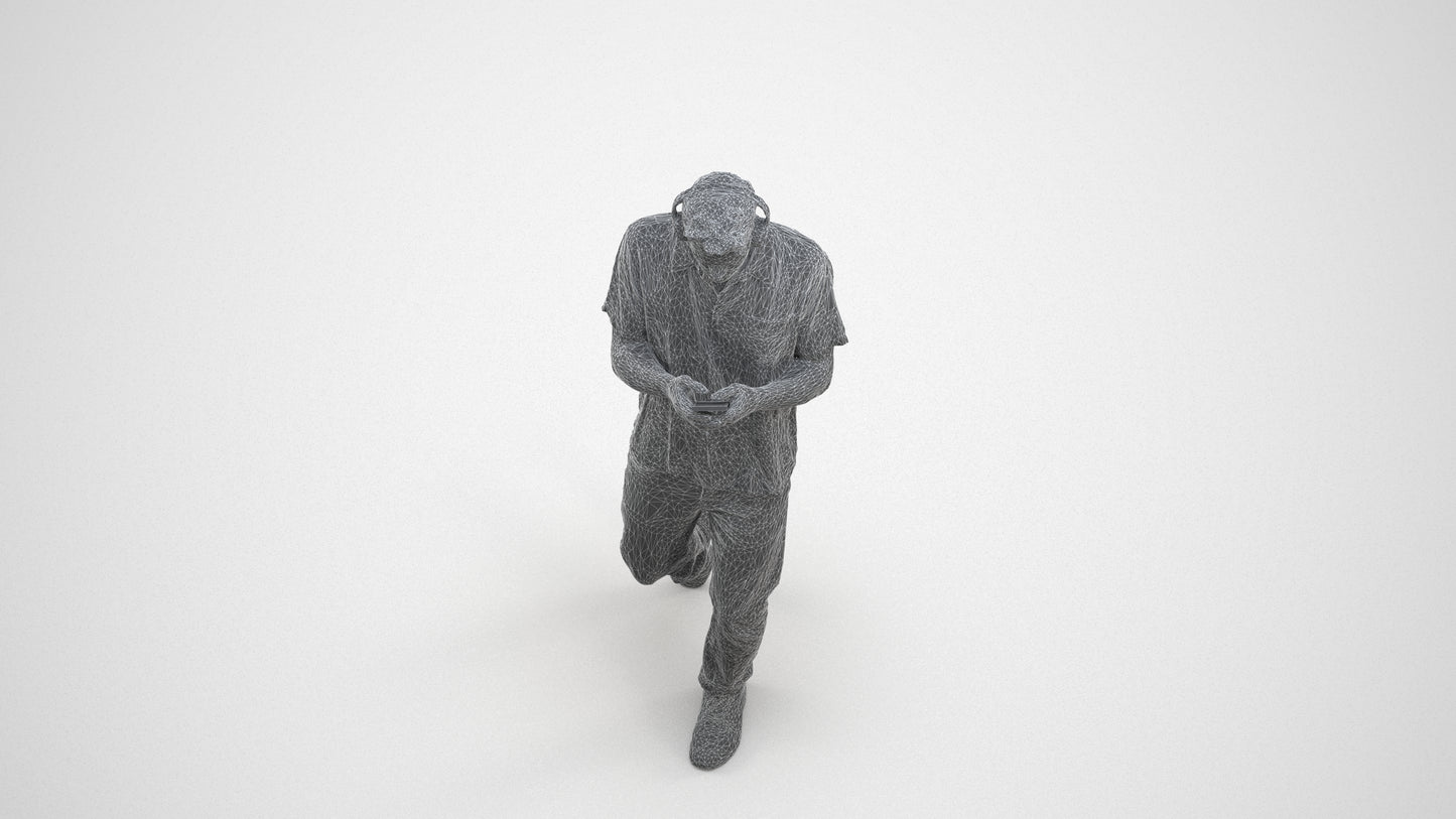 photogrammetry 3D man casual walking, realistic human model archviz FBX, wireframe three-quarter view