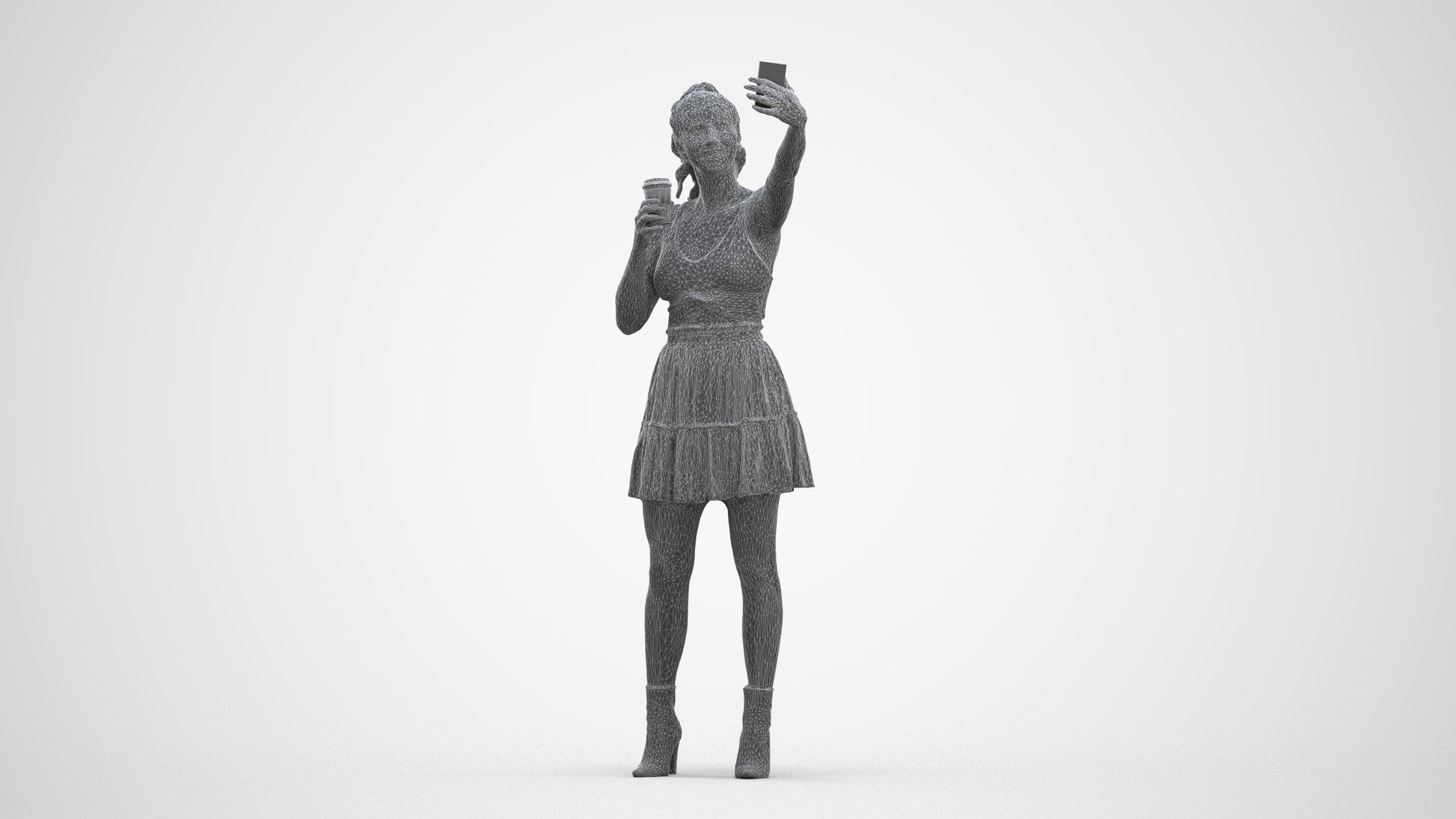 3D human model woman casual standing, photogrammetry scanned person for archviz, three-quarter front view render