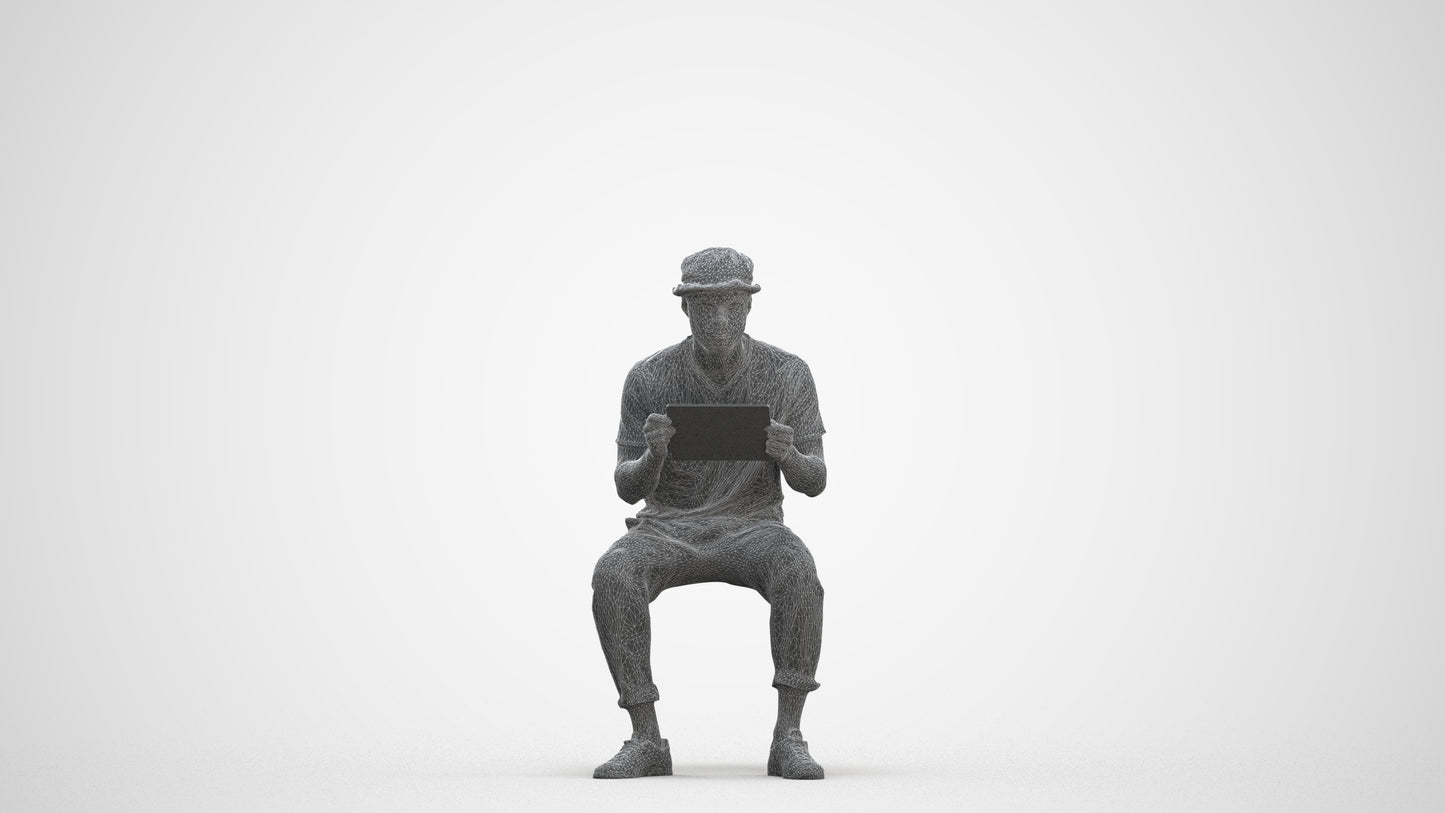 scanned 3D man casual sitting, photogrammetry people for Enscape and V-Ray, three-quarter front view render