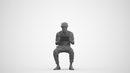 scanned 3D man casual sitting, photogrammetry people for Enscape and V-Ray, three-quarter front view render