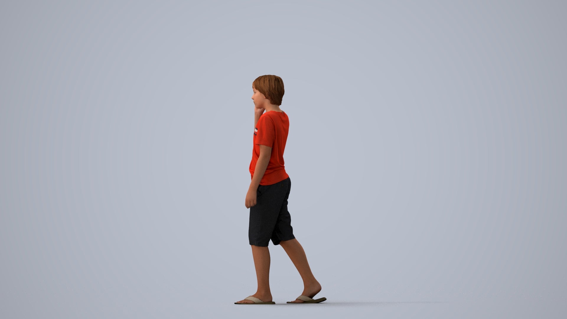 3D human model boy casual kids, photogrammetry scanned person for archviz, three-quarter view render