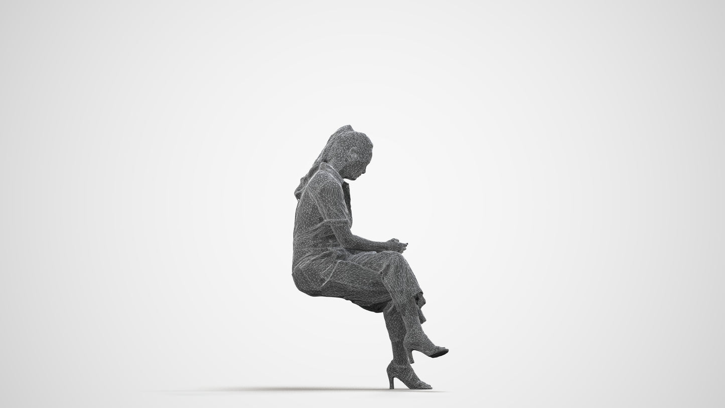 photogrammetry 3D woman formal sitting, realistic human model archviz FBX, wireframe side view