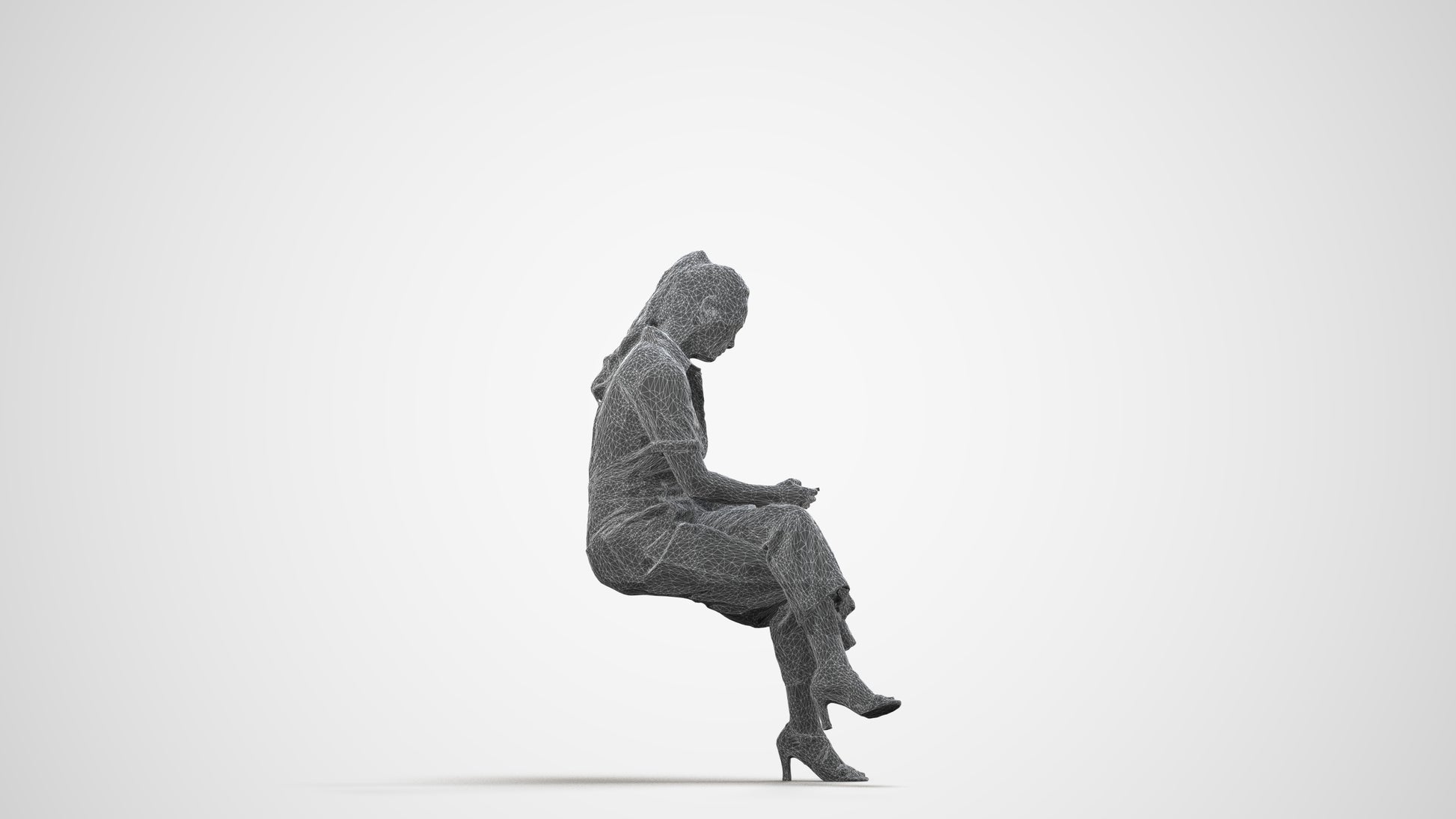 photogrammetry 3D woman formal sitting, realistic human model archviz FBX, wireframe side view