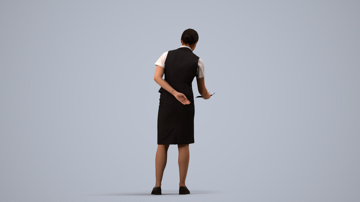 photogrammetry 3D woman hospitality, realistic human model archviz FBX, side view render