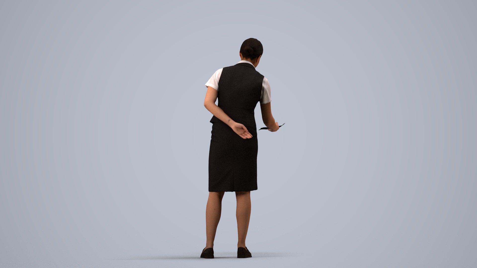 photogrammetry 3D woman hospitality, realistic human model archviz FBX, side view render