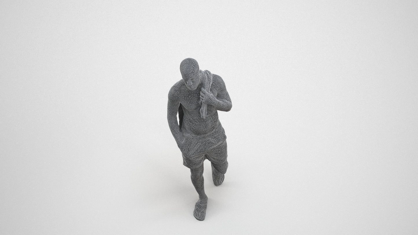 3D human model man pool, photogrammetry scanned person for archviz, wireframe three-quarter view