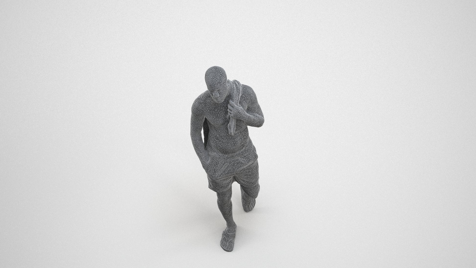 3D human model man pool, photogrammetry scanned person for archviz, wireframe three-quarter view