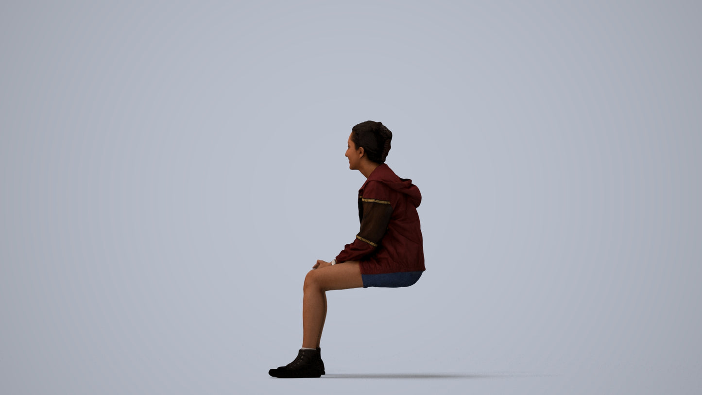 realistic 3D people woman casual sitting, render-ready for V-Ray and Corona, FBX OBJ, three-quarter view render
