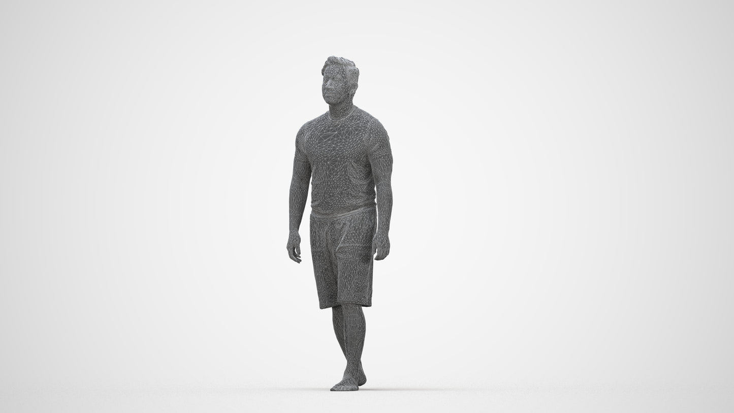3D human model man sport walking, photogrammetry scanned person for archviz, wireframe back view