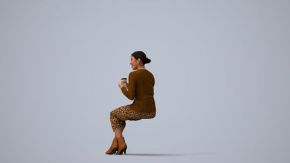 3D scanned woman sitting casual, photorealistic archviz people for Enscape and SketchUp, three-quarter view render
