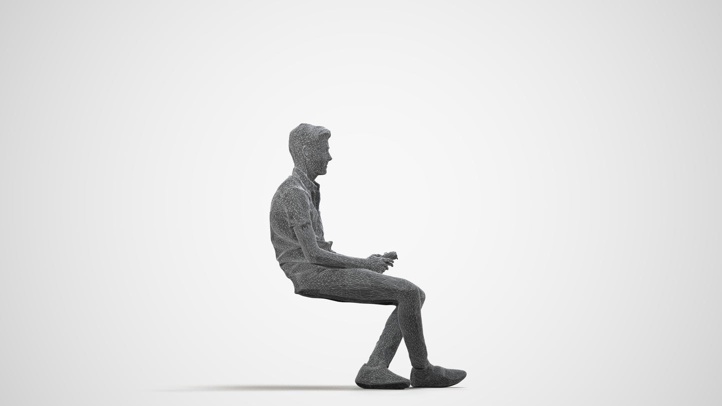 realistic 3D human man casual sitting, archviz people FBX OBJ for Blender, wireframe side view