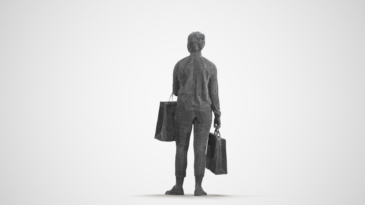 3D scanned woman shopping casual, photorealistic archviz people for Enscape and SketchUp, wireframe front view