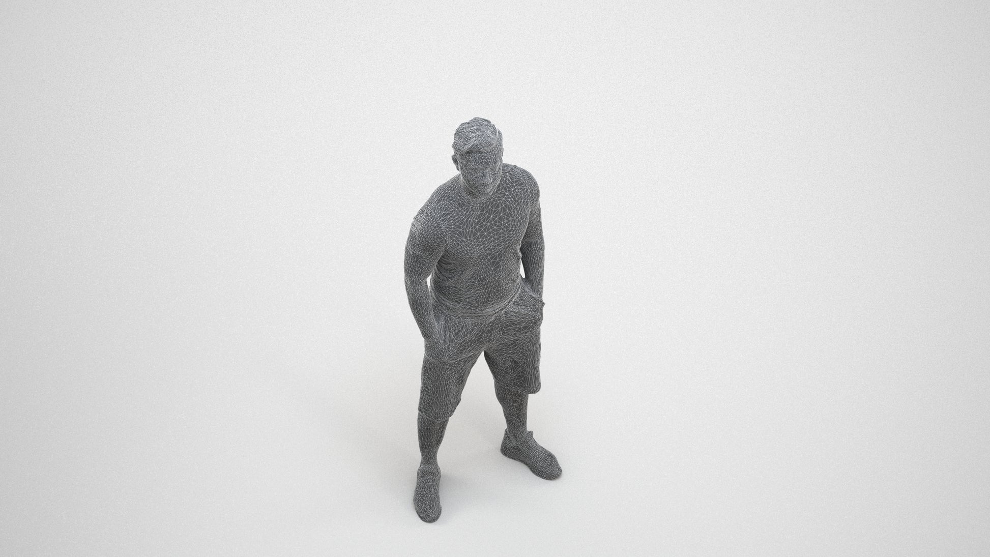 3D people model man sport standing, scanned human for 3ds Max rendering, wireframe three-quarter view