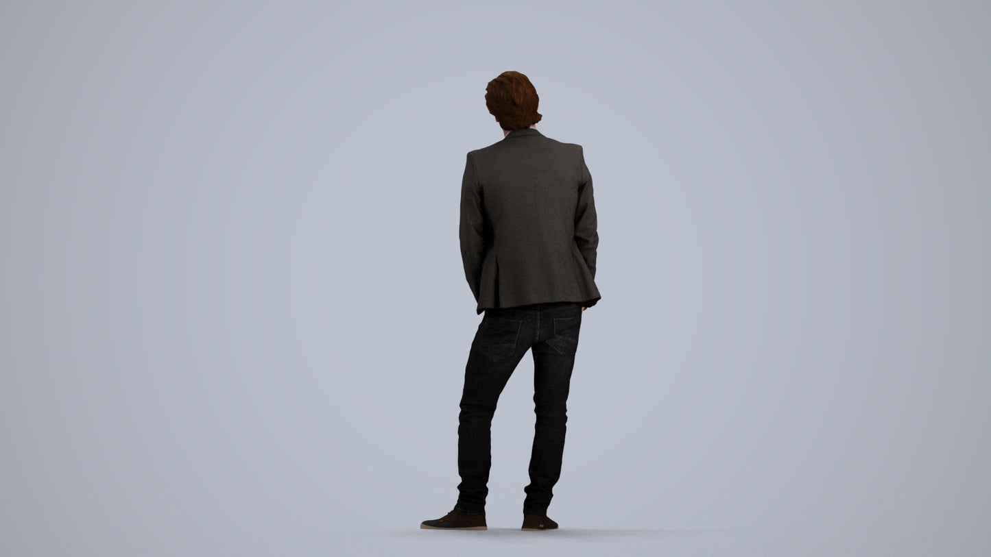 3D human model man business standing, photogrammetry scanned person for archviz, front view render