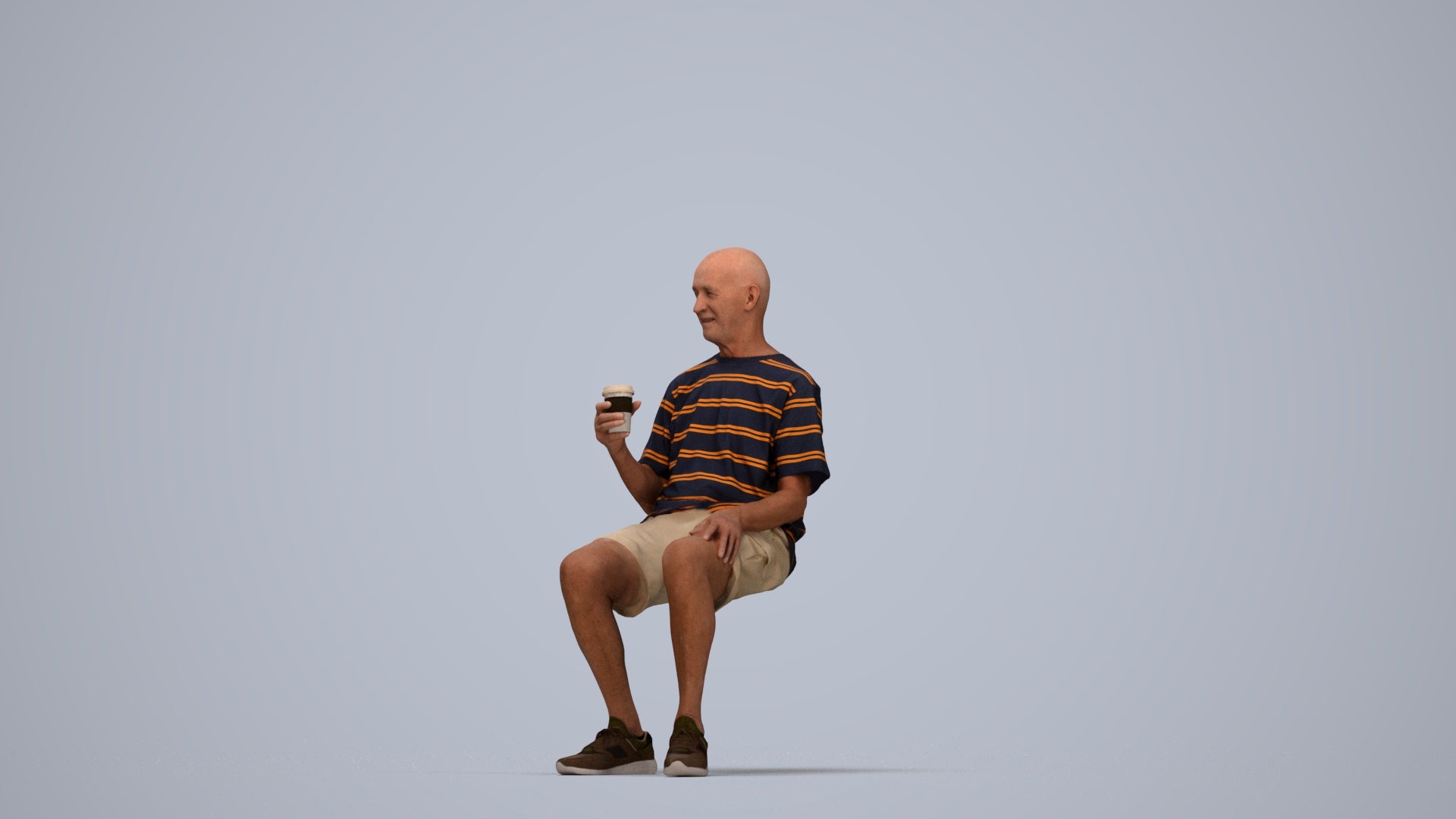 3D human model senior man casual sitting, photogrammetry scanned person for archviz, top-down view render