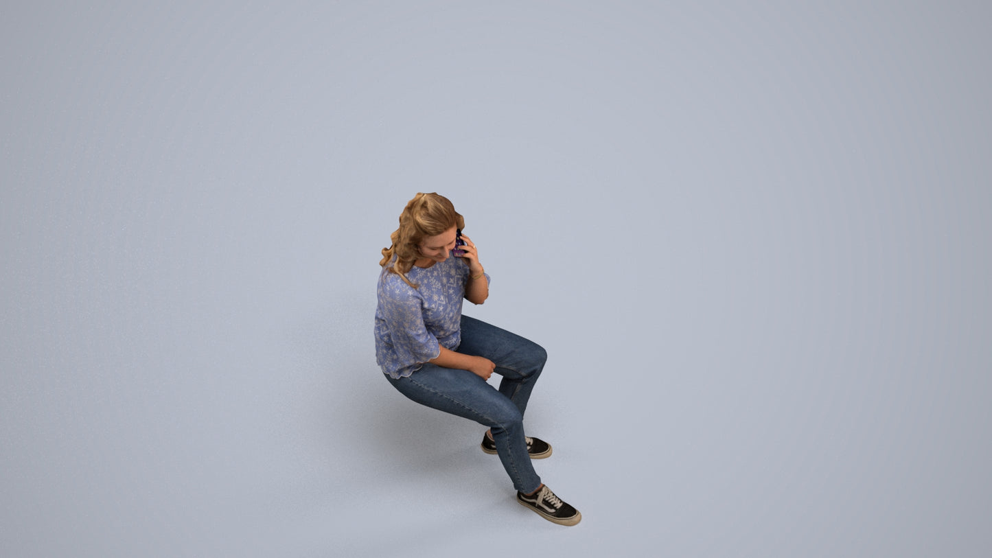 3D people model woman casual sitting, scanned human for 3ds Max rendering, back view render