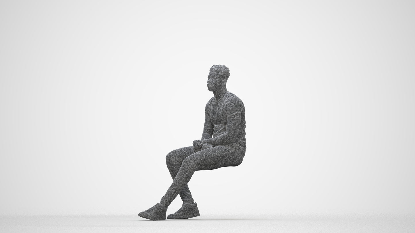 3D scanned man sitting casual, photorealistic archviz people for Enscape and SketchUp, wireframe back view