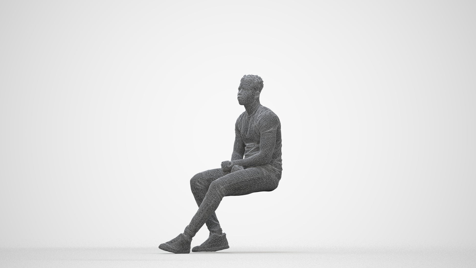 3D scanned man sitting casual, photorealistic archviz people for Enscape and SketchUp, wireframe back view