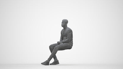 3D scanned man sitting casual, photorealistic archviz people for Enscape and SketchUp, wireframe back view