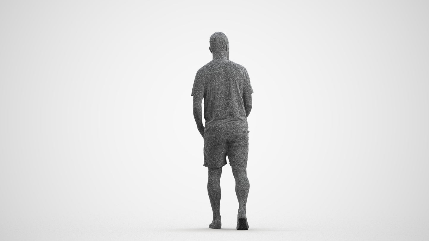 3D scanned man walking casual, photorealistic archviz people for Enscape and SketchUp, wireframe front view
