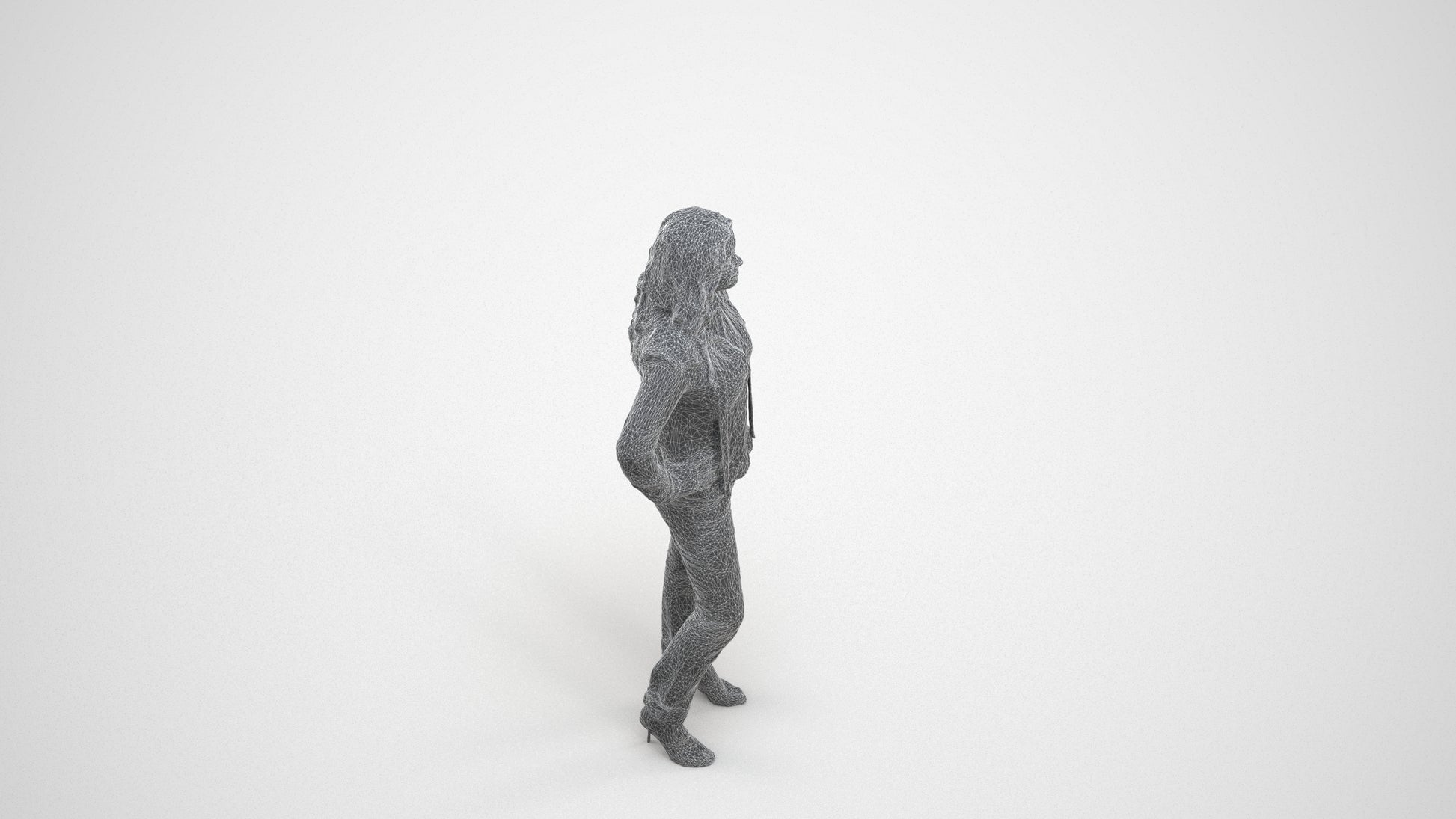 3D people model woman casual standing, scanned human for 3ds Max rendering, wireframe three-quarter view