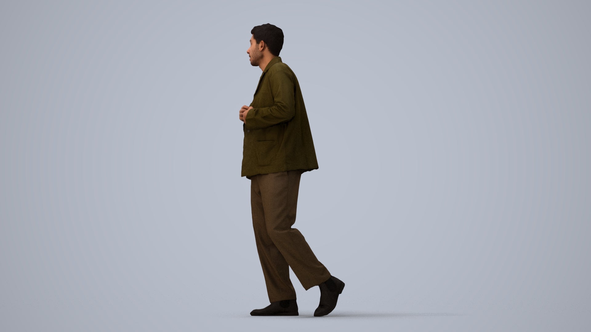 photogrammetry 3D man casual walking, realistic human model archviz FBX, three-quarter view render