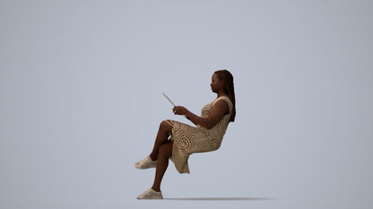 realistic 3D human woman casual sitting, archviz people FBX OBJ for Blender, three-quarter view render