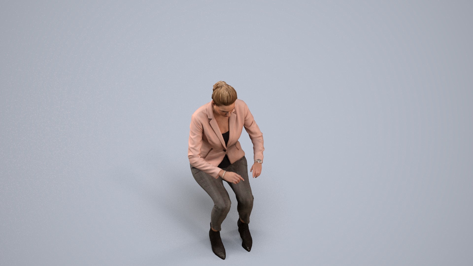 3D human model woman business, photogrammetry scanned person for archviz, back view render