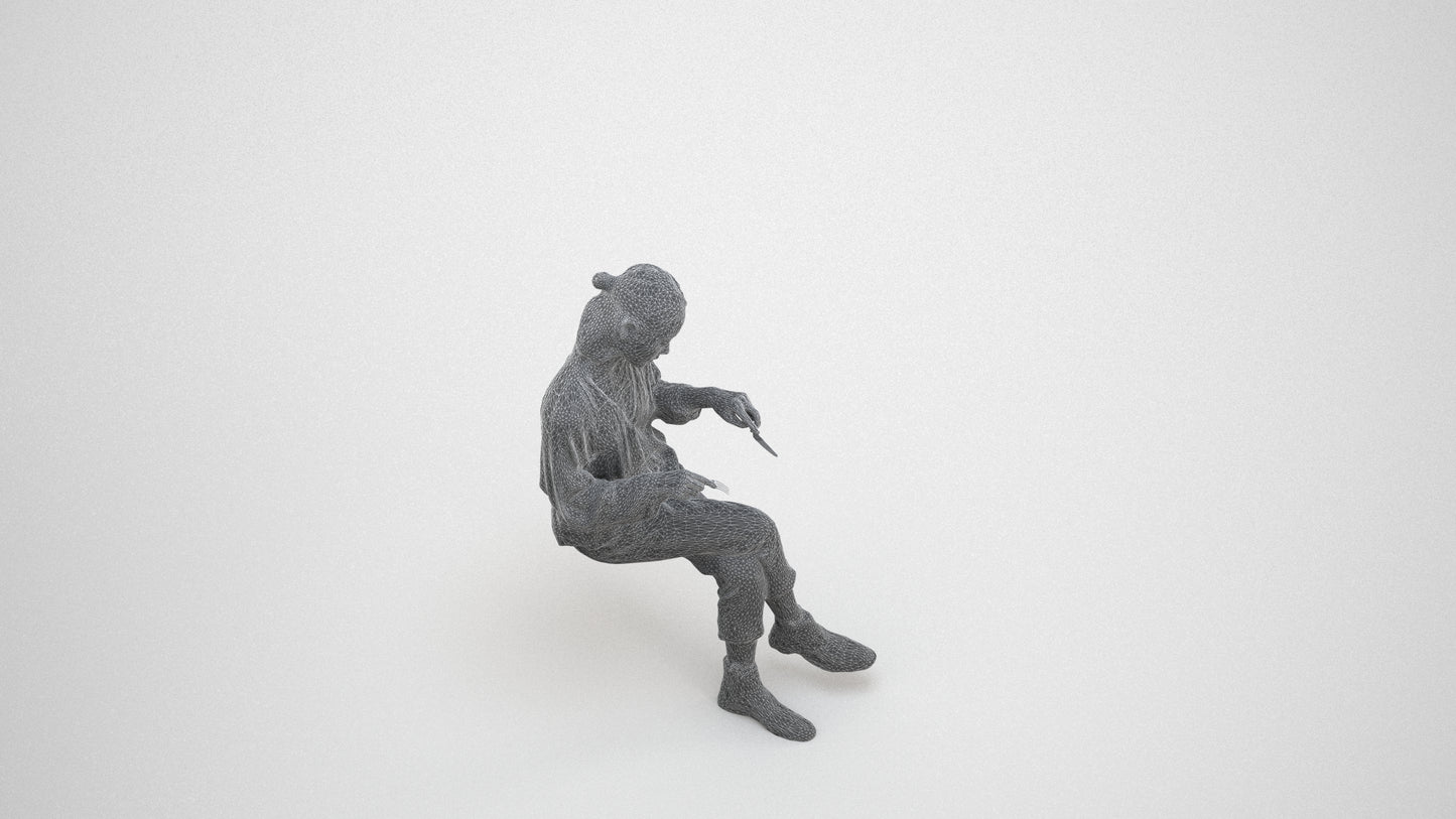 realistic 3D woman casual sitting, scanned archviz people for Blender and 3ds Max, wireframe three-quarter view