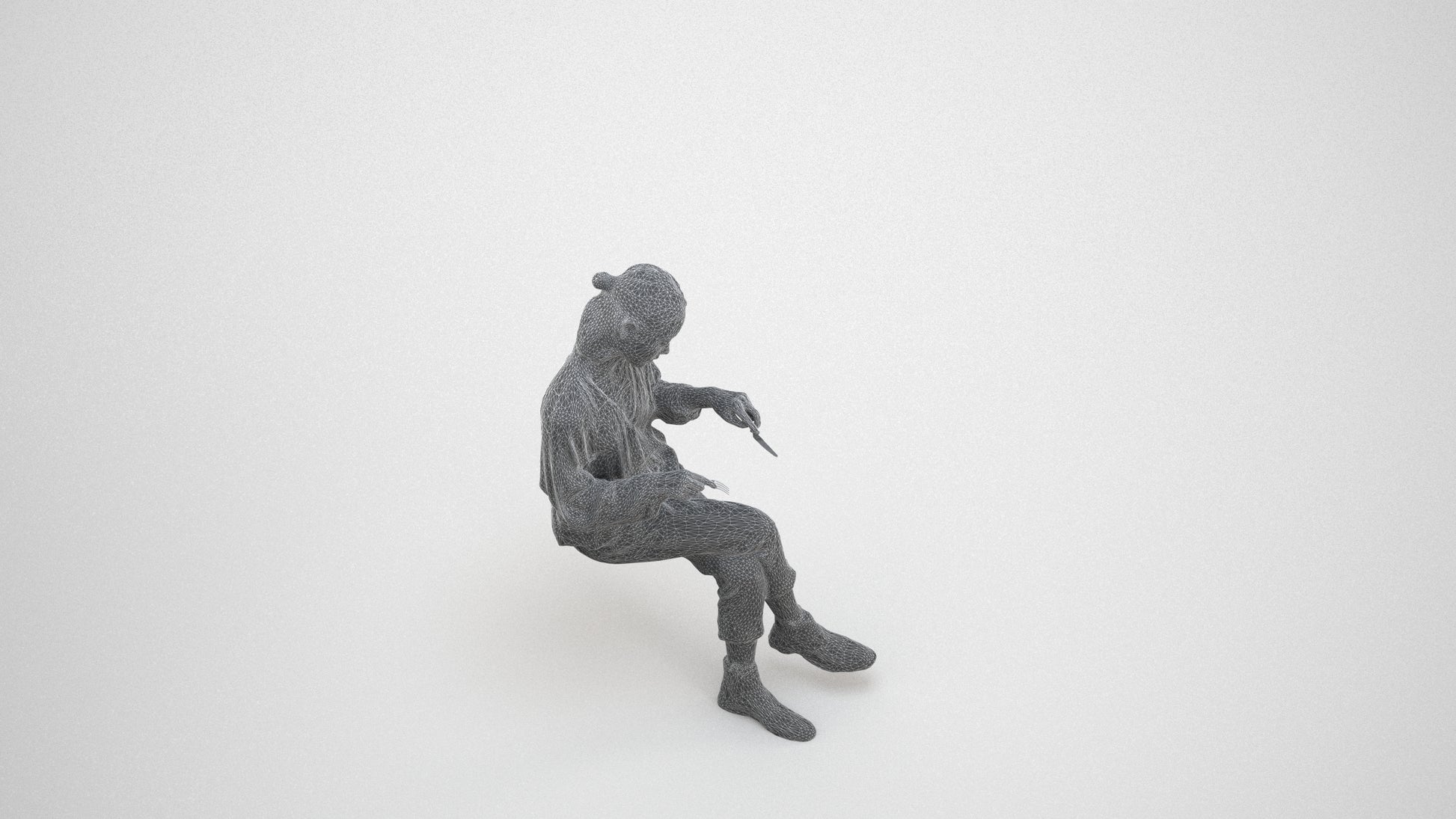 realistic 3D woman casual sitting, scanned archviz people for Blender and 3ds Max, wireframe three-quarter view