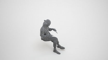 realistic 3D woman casual sitting, scanned archviz people for Blender and 3ds Max, wireframe three-quarter view