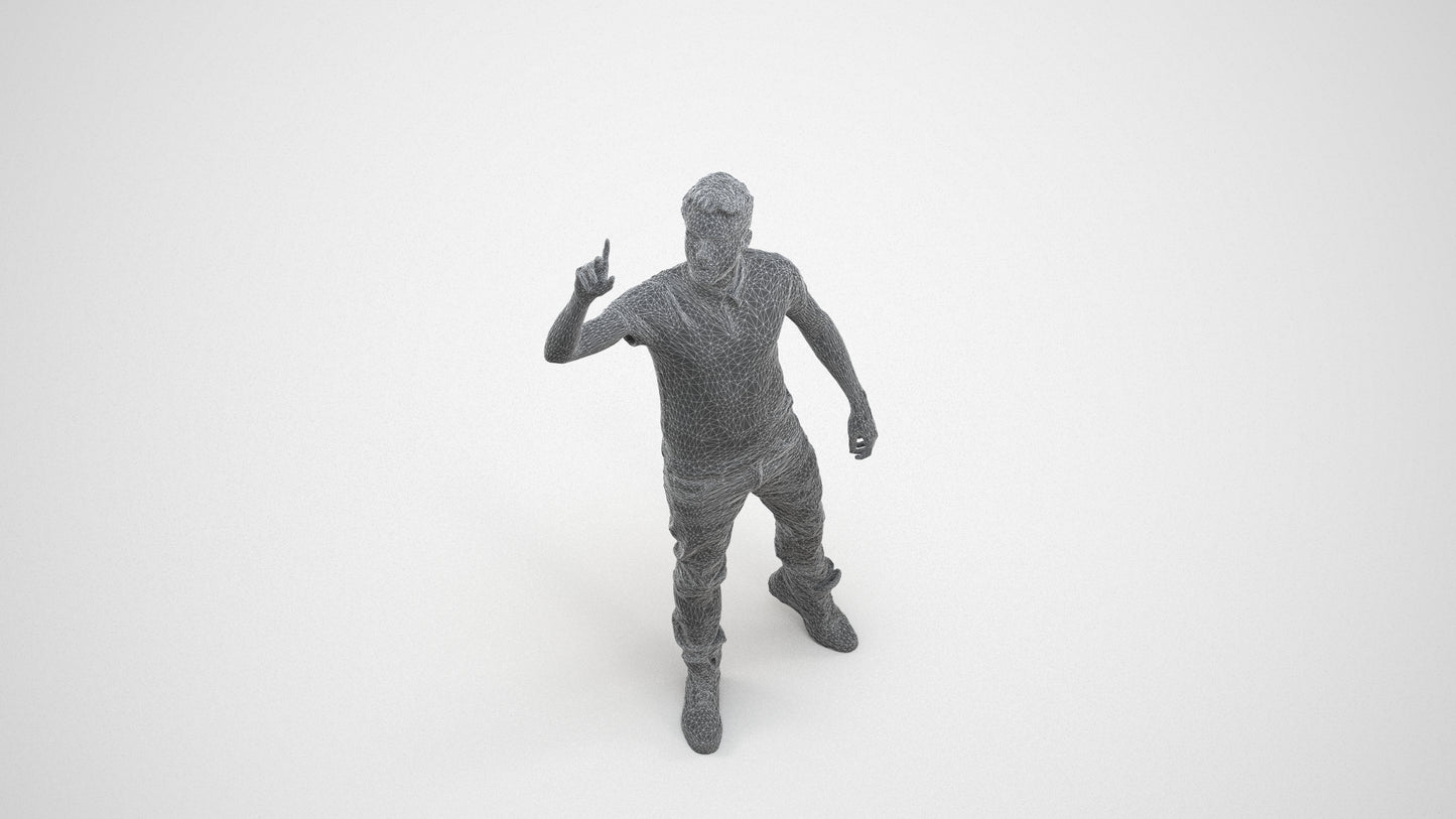 3D human model man casual standing, photogrammetry scanned person for archviz, wireframe three-quarter view