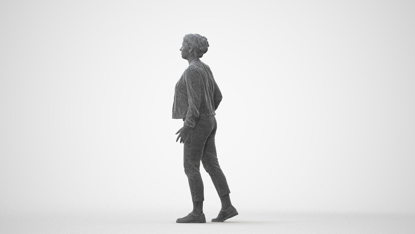 3D human model woman casual walking, photogrammetry scanned person for archviz, square thumbnail