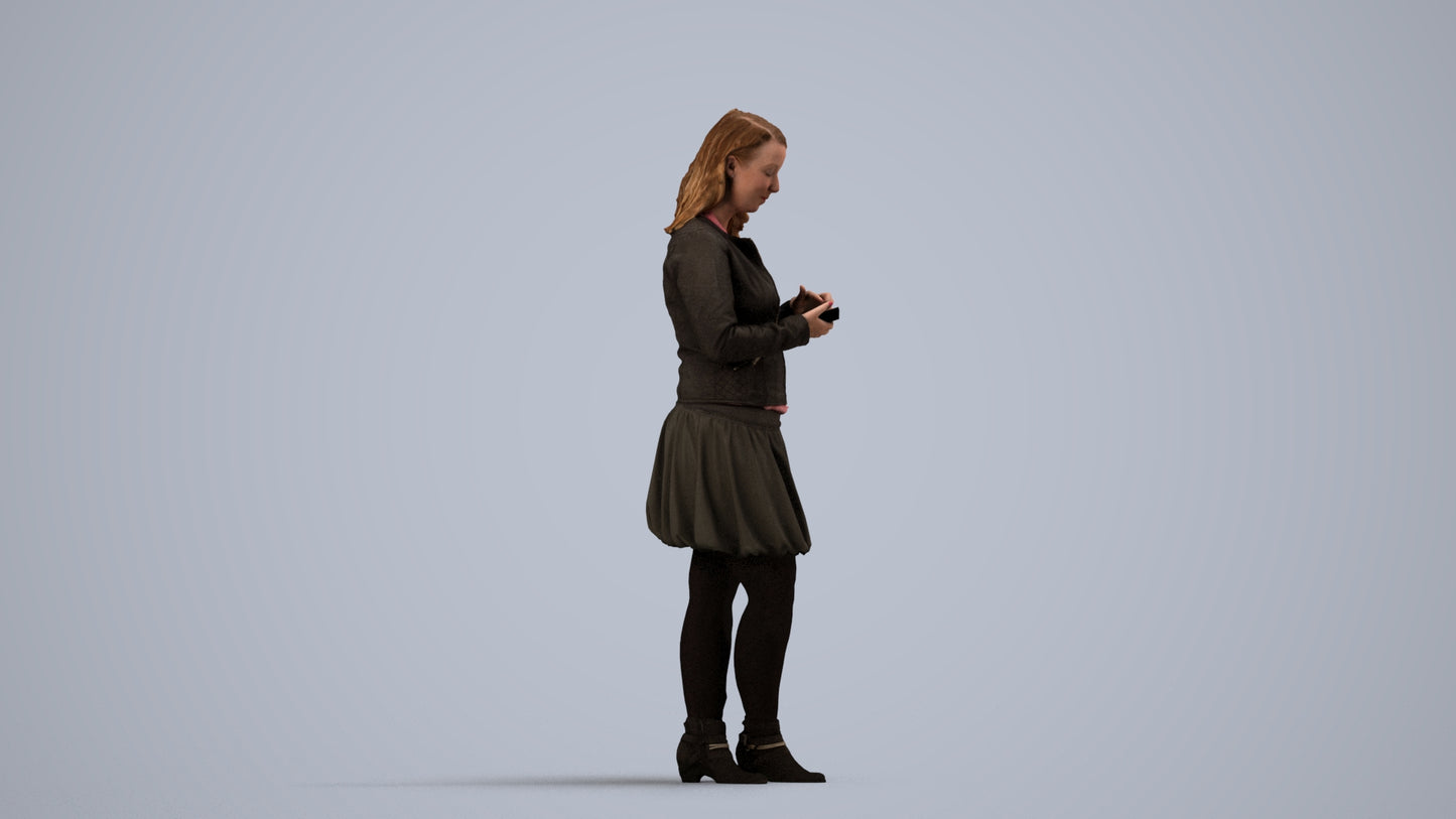 3D scanned woman standing casual, photorealistic archviz people for Enscape and SketchUp, side view render