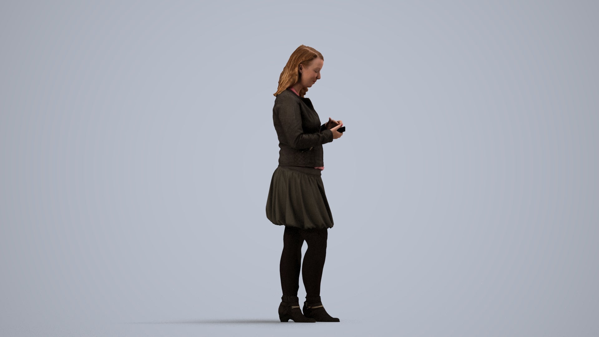 3D scanned woman standing casual, photorealistic archviz people for Enscape and SketchUp, side view render