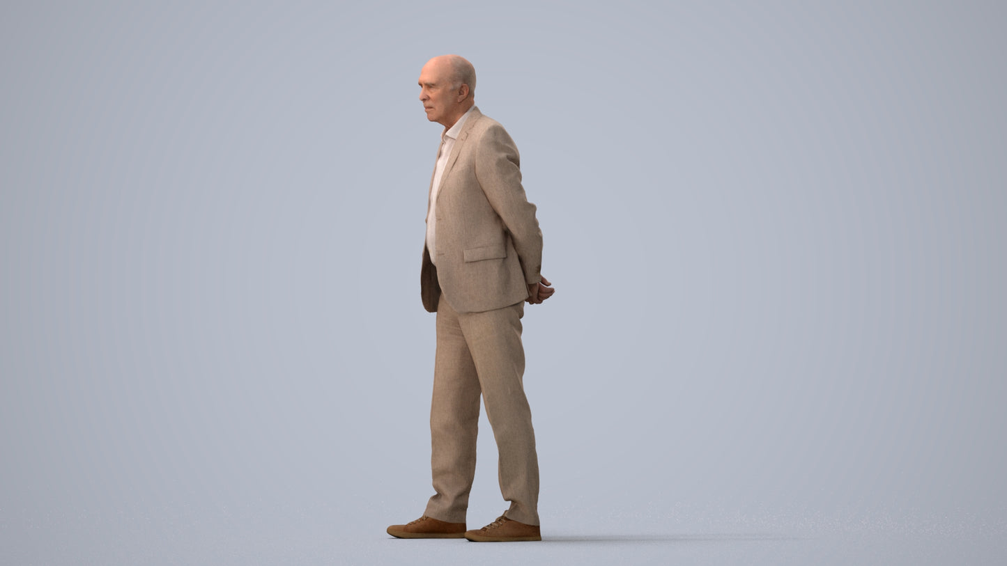realistic 3D senior man business standing, scanned archviz people for Blender and 3ds Max, three-quarter view render