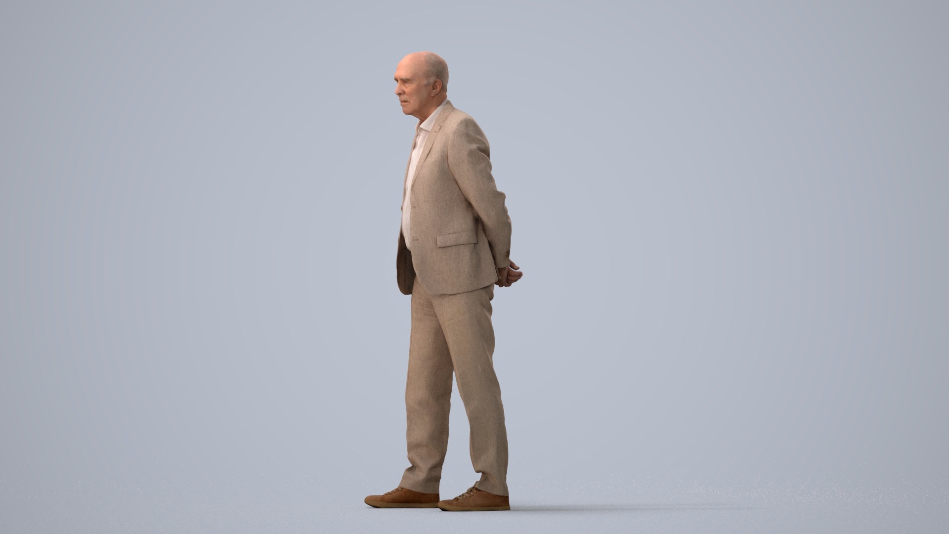 realistic 3D senior man business standing, scanned archviz people for Blender and 3ds Max, three-quarter view render