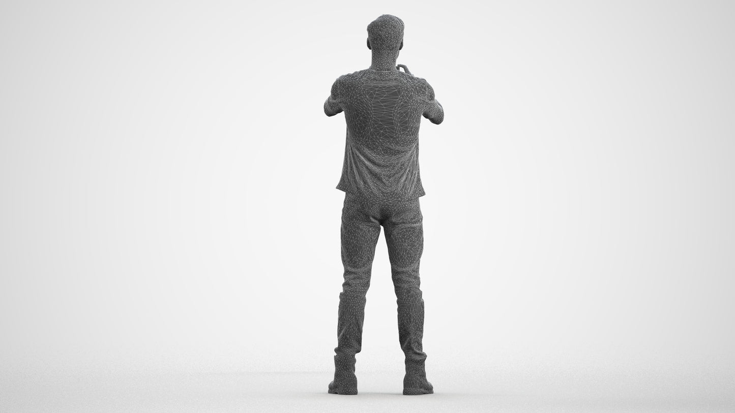 3D scanned man standing casual, photorealistic archviz people for Enscape and SketchUp, wireframe front view