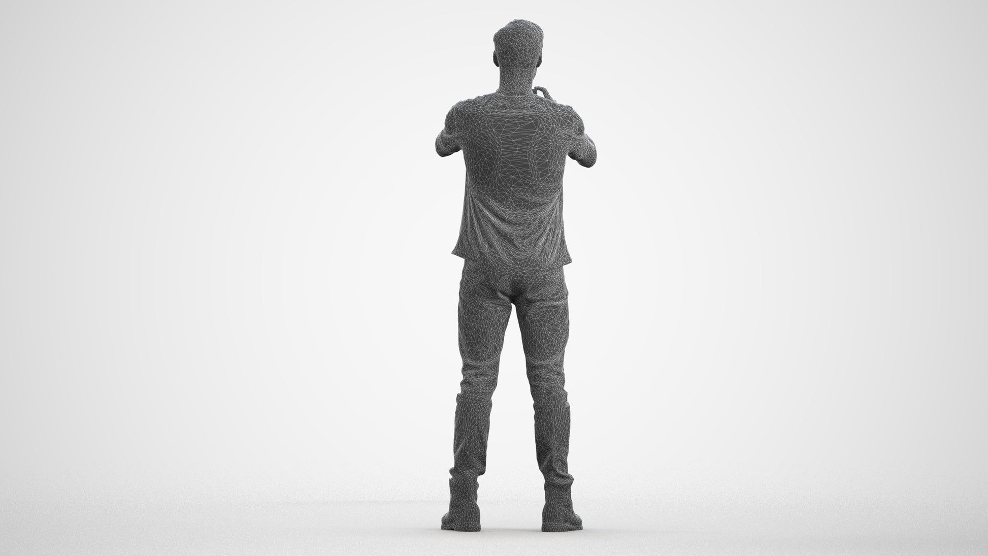 3D scanned man standing casual, photorealistic archviz people for Enscape and SketchUp, wireframe front view