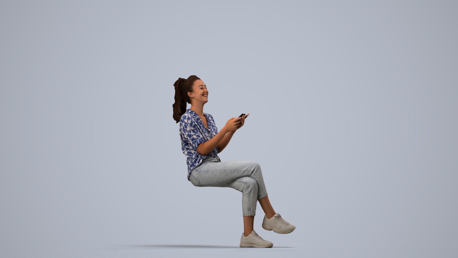 photogrammetry 3D woman casual sitting, realistic human model archviz FBX, side view render