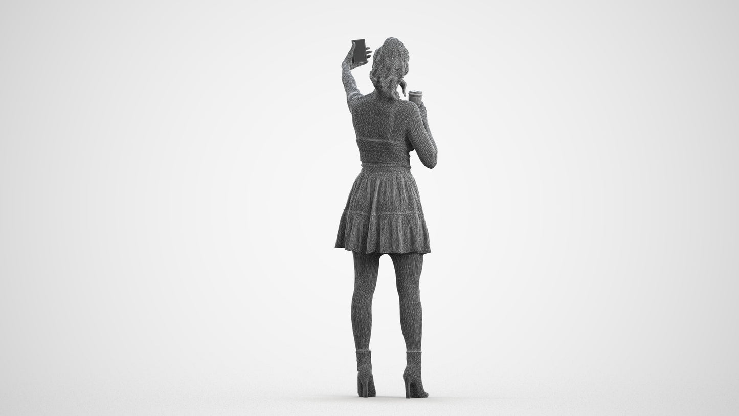 3D human model woman casual standing, photogrammetry scanned person for archviz, wireframe front view
