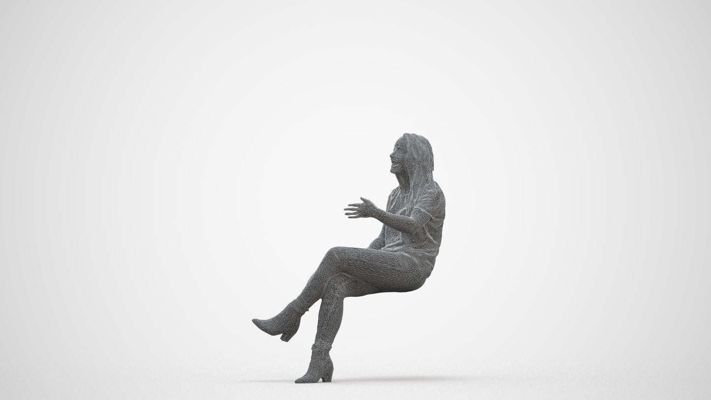 3D scanned woman sitting casual, photorealistic archviz people for Enscape and SketchUp, three-quarter front view render