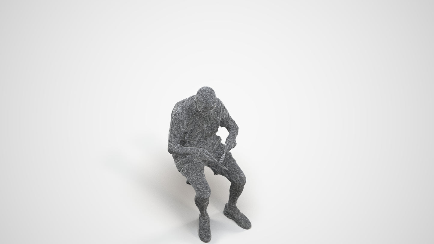 3D scanned senior man sitting casual, photorealistic archviz people for Enscape and SketchUp, wireframe three-quarter view