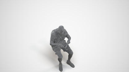 3D scanned senior man sitting casual, photorealistic archviz people for Enscape and SketchUp, wireframe three-quarter view