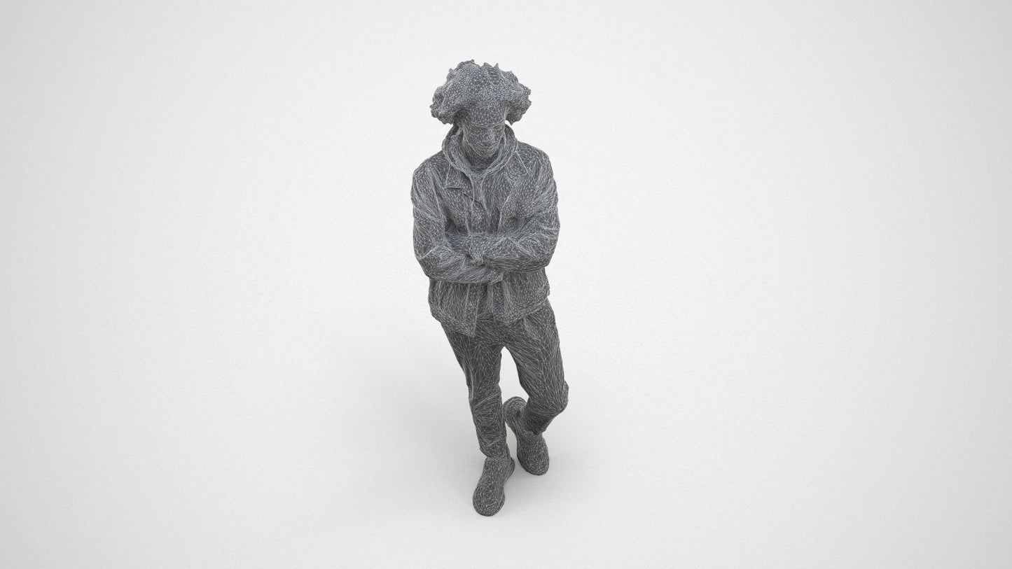 scanned 3D man casual standing, photogrammetry people for Enscape and V-Ray, wireframe three-quarter view